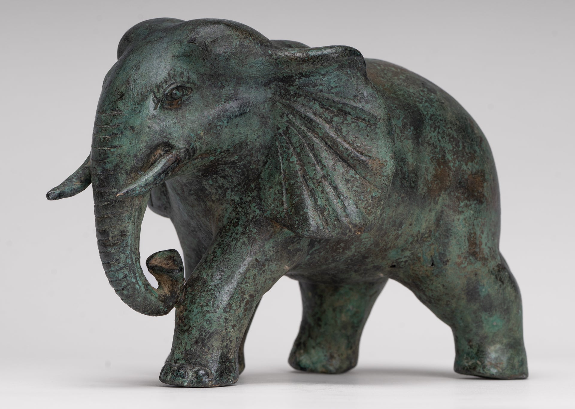 Antique Khmer Style Standing Bronze Elephant Statue - 14cm/6" Tall