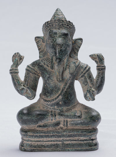 Ganesha Statue - Antique Khmer Style Seated Bronze Bayon Ganesh Statue - 18cm/7"