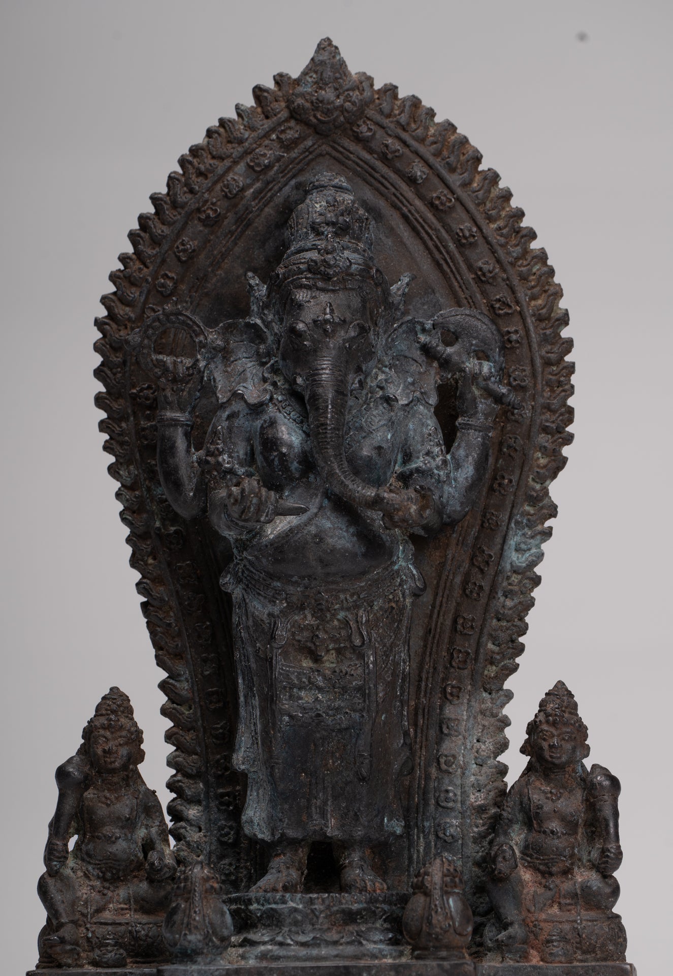 Ganesha Statue - Antique Javanese Style Bronze Standing Four Arm Ganesha Statue - 31cm/12"