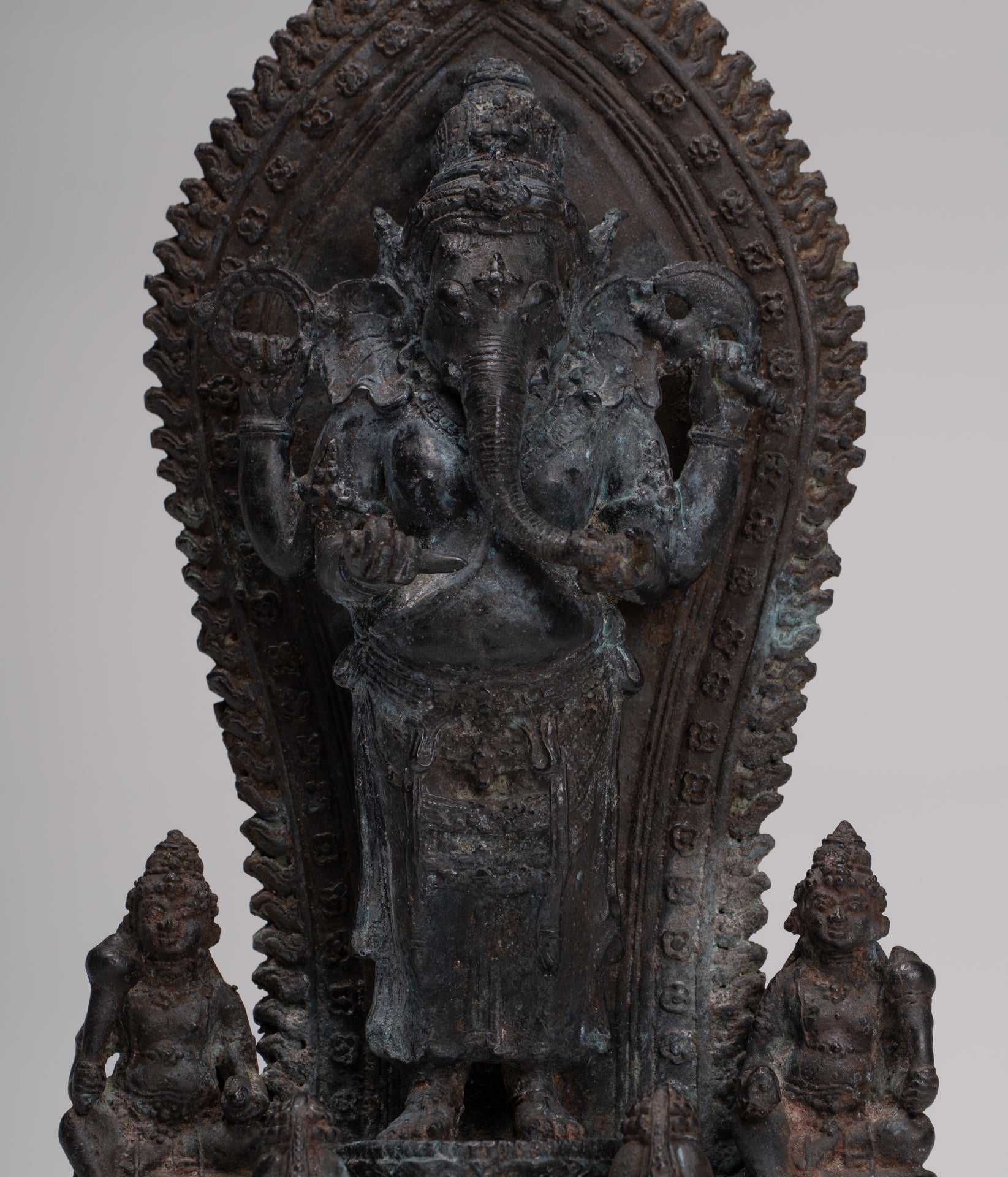 Ganesha Statue - Antique Javanese Style Bronze Standing Four Arm Ganesha Statue - 31cm/12"