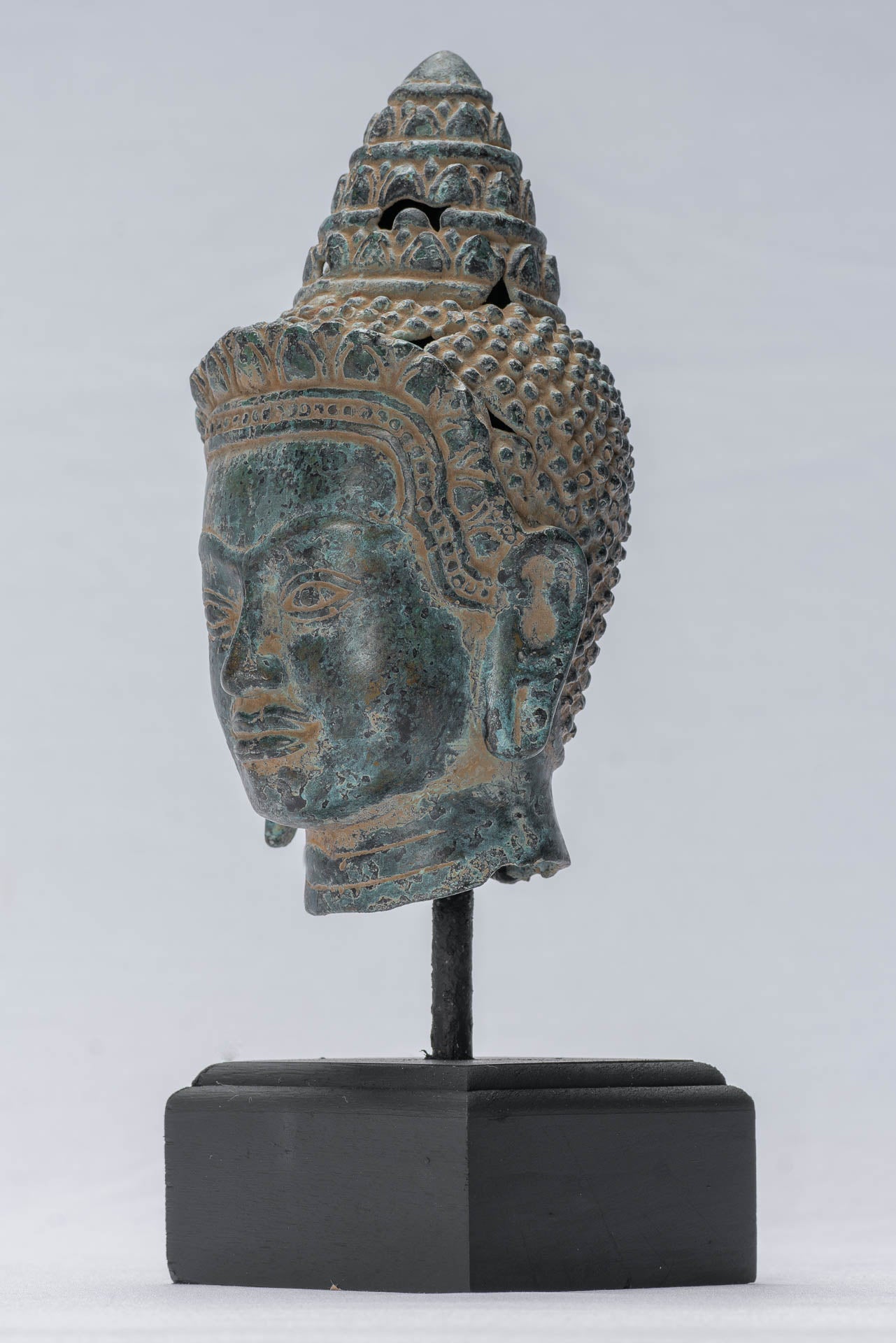 Buddha Statue - Antique Khmer Style Mounted Bronze Baphuon Buddha Head Statue - 25.5cm/10"