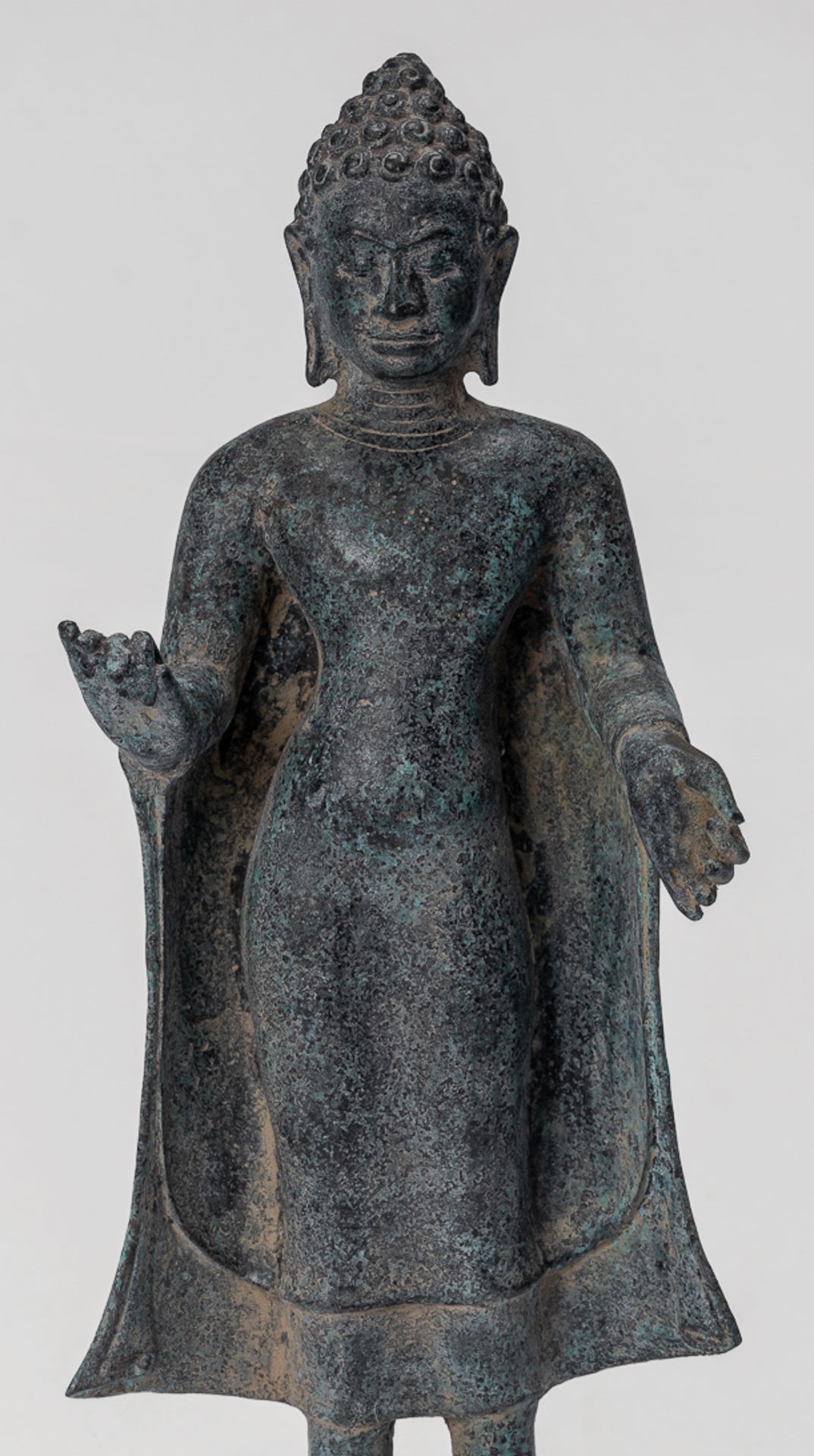 Buddha Statue - Antique Thai Style Dvaravati Bronze Standing Preaching Buddha Statue - 33cm/13"