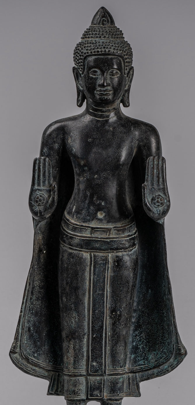 Buddha Statue - Antique Khmer Style Bronze Standing Abhaya Protection Buddha Statue - 49cm/20"
