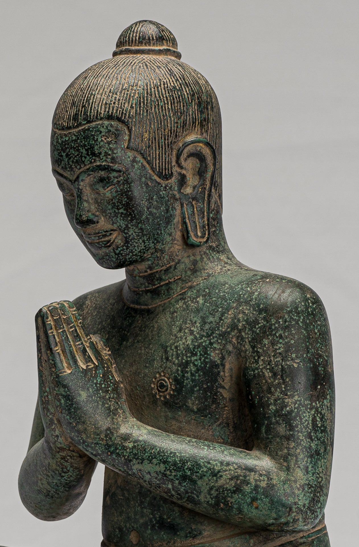 Jayavarman Statue - Antique Khmer Style Seated Bronze Jayavarman VII Statue - 31cm/12"
