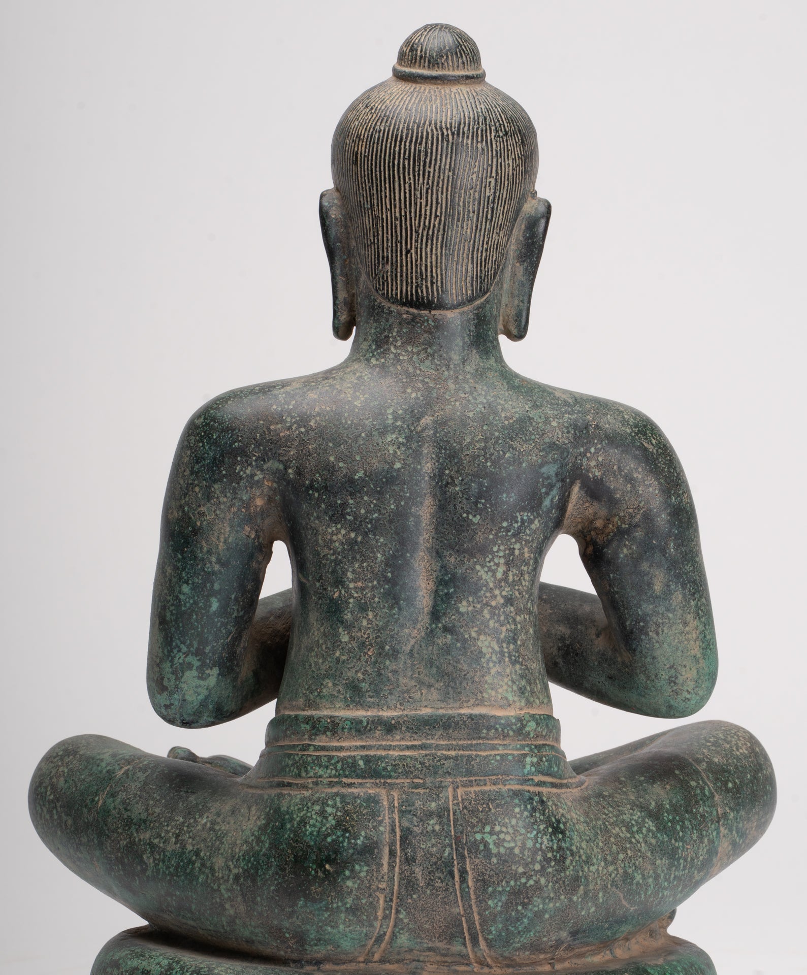 Jayavarman Statue - Antique Khmer Style Seated Bronze Jayavarman VII Statue - 31cm/12"