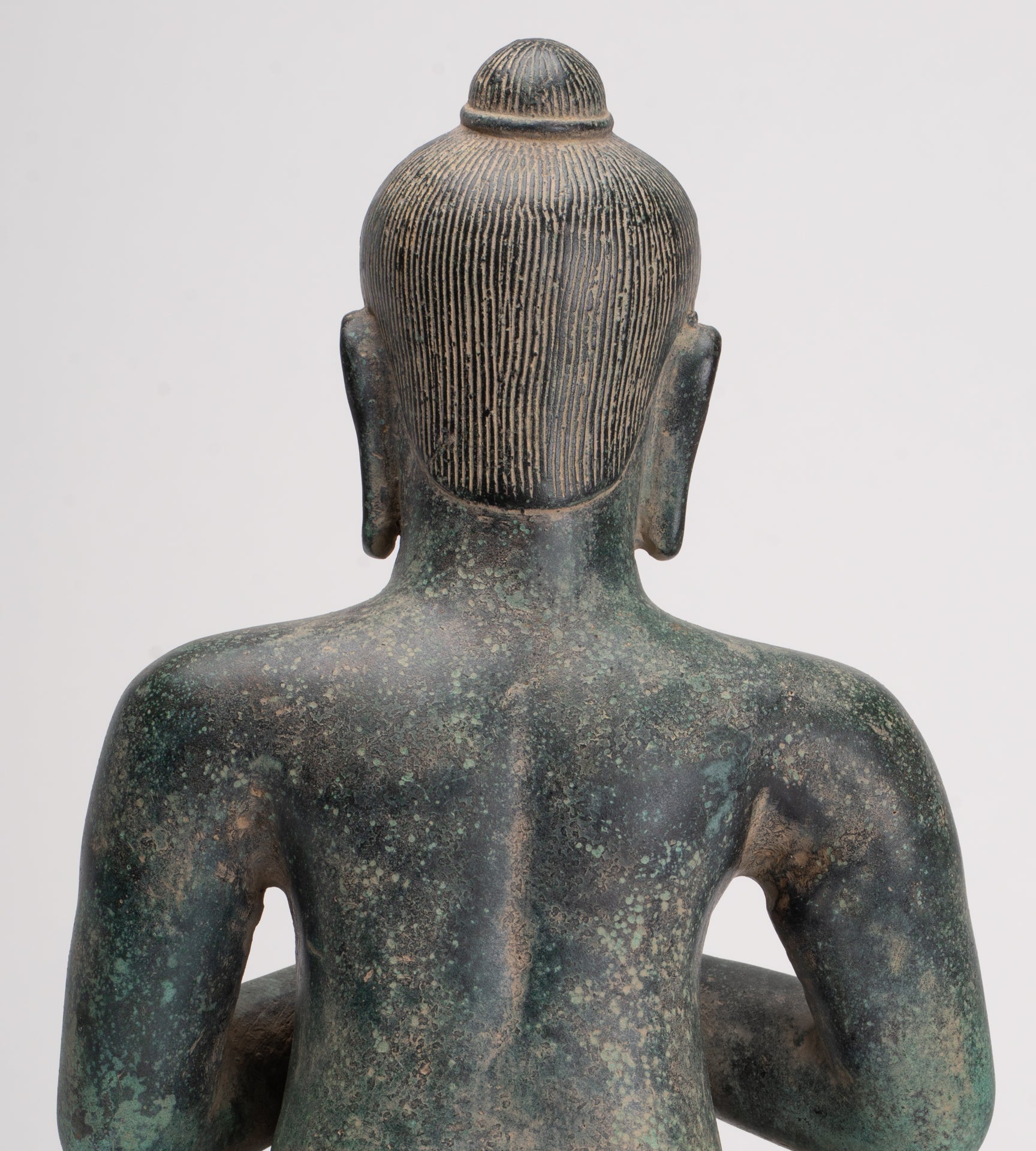 Jayavarman Statue - Antique Khmer Style Seated Bronze Jayavarman VII Statue - 31cm/12"