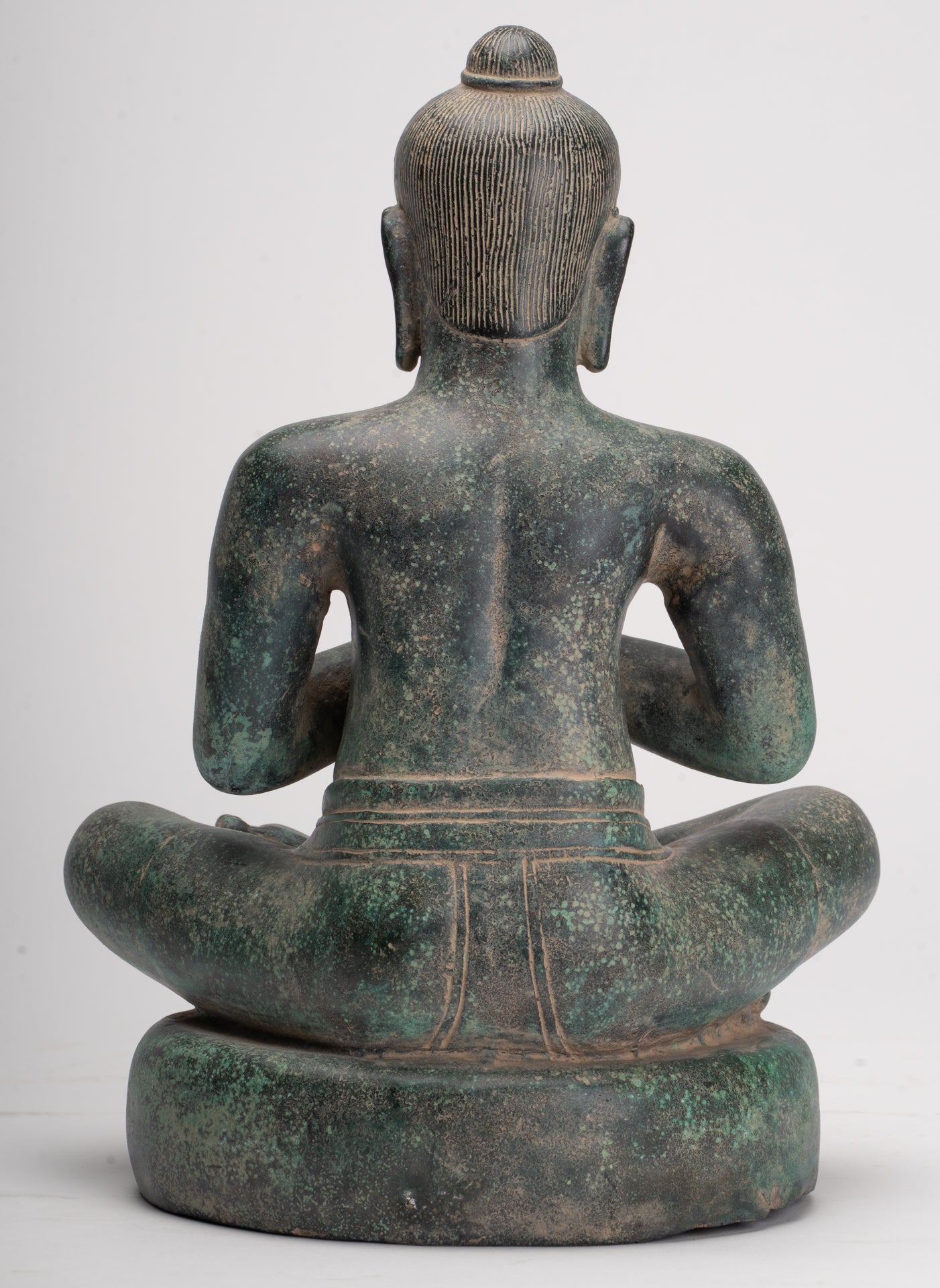 Jayavarman Statue - Antique Khmer Style Seated Bronze Jayavarman VII Statue - 31cm/12"