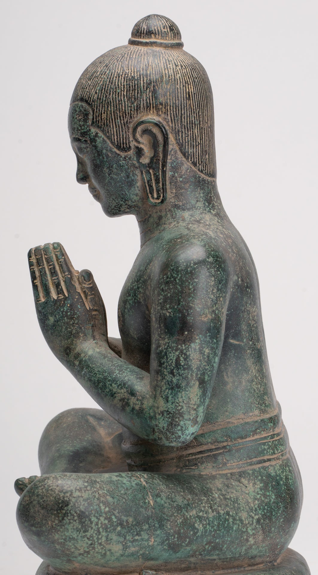 Jayavarman Statue - Antique Khmer Style Seated Bronze Jayavarman VII Statue - 31cm/12"