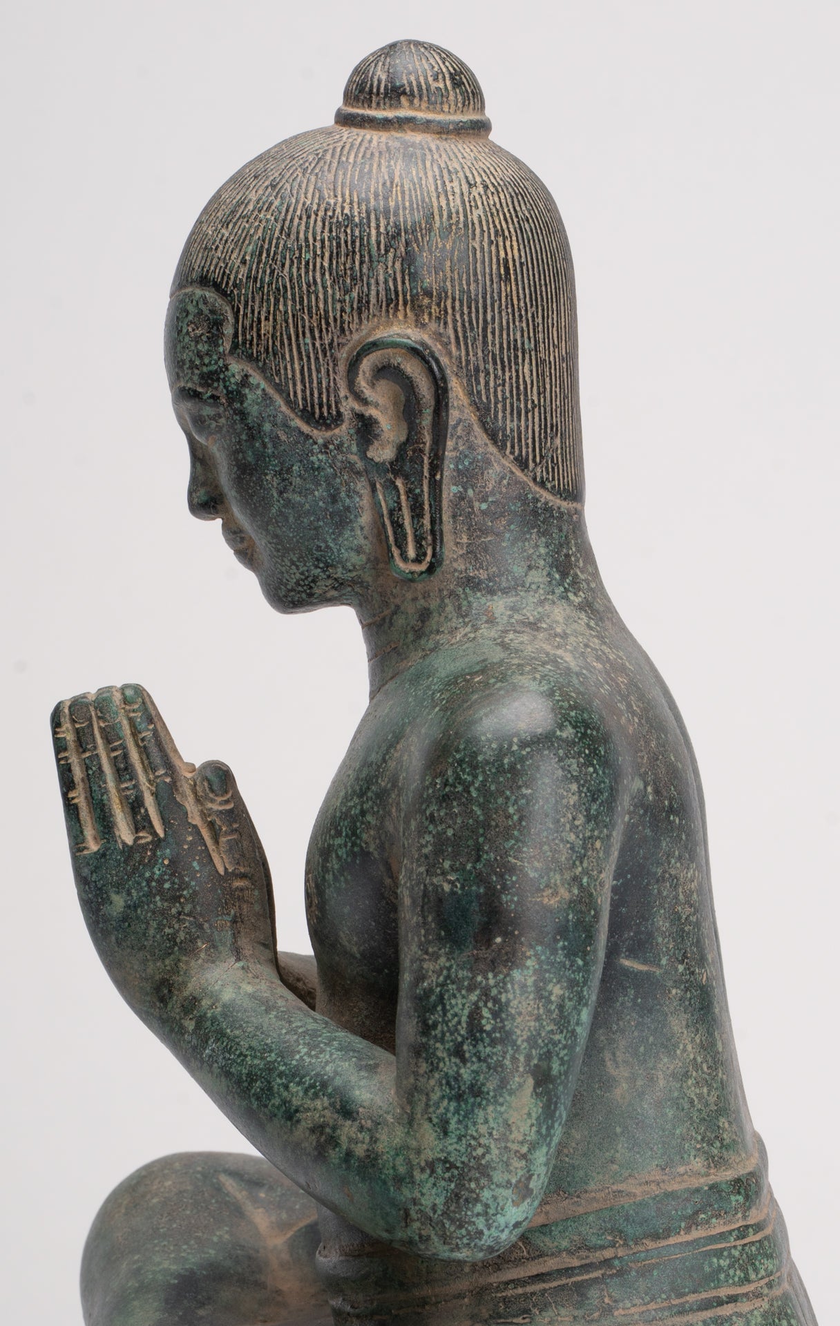 Jayavarman Statue - Antique Khmer Style Seated Bronze Jayavarman VII Statue - 31cm/12"