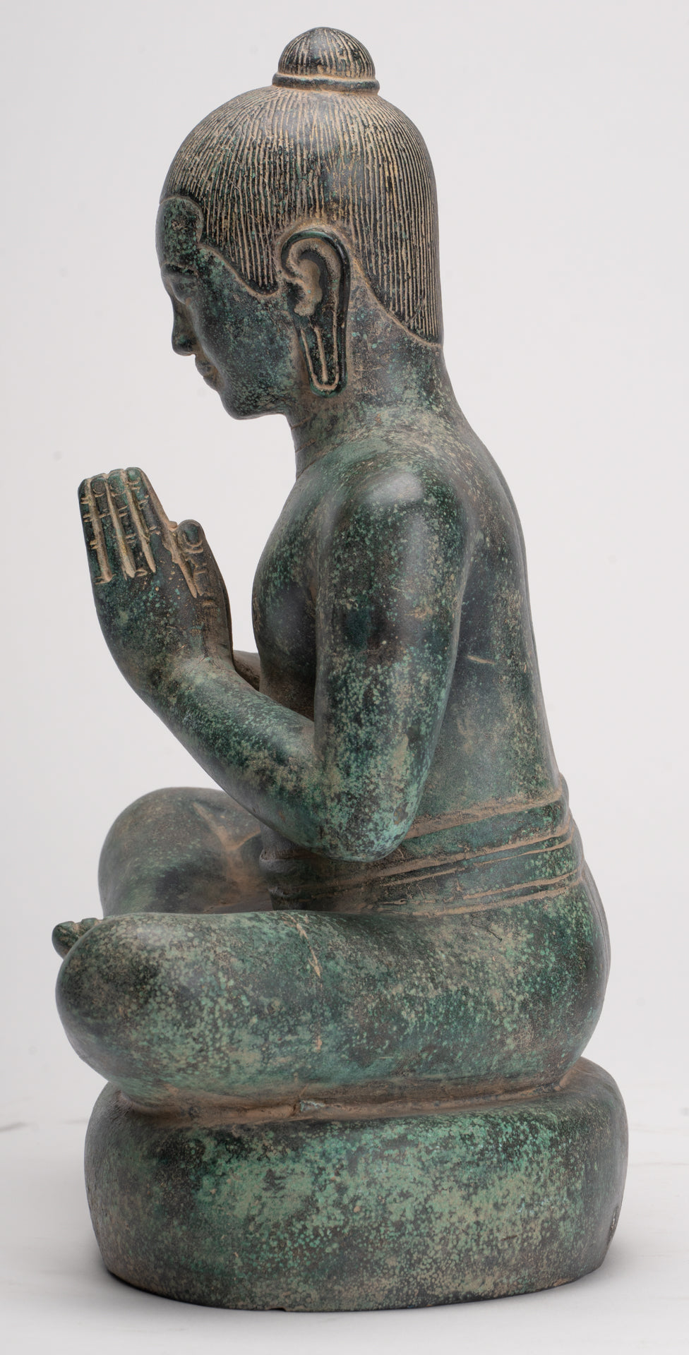 Jayavarman Statue - Antique Khmer Style Seated Bronze Jayavarman VII Statue - 31cm/12"
