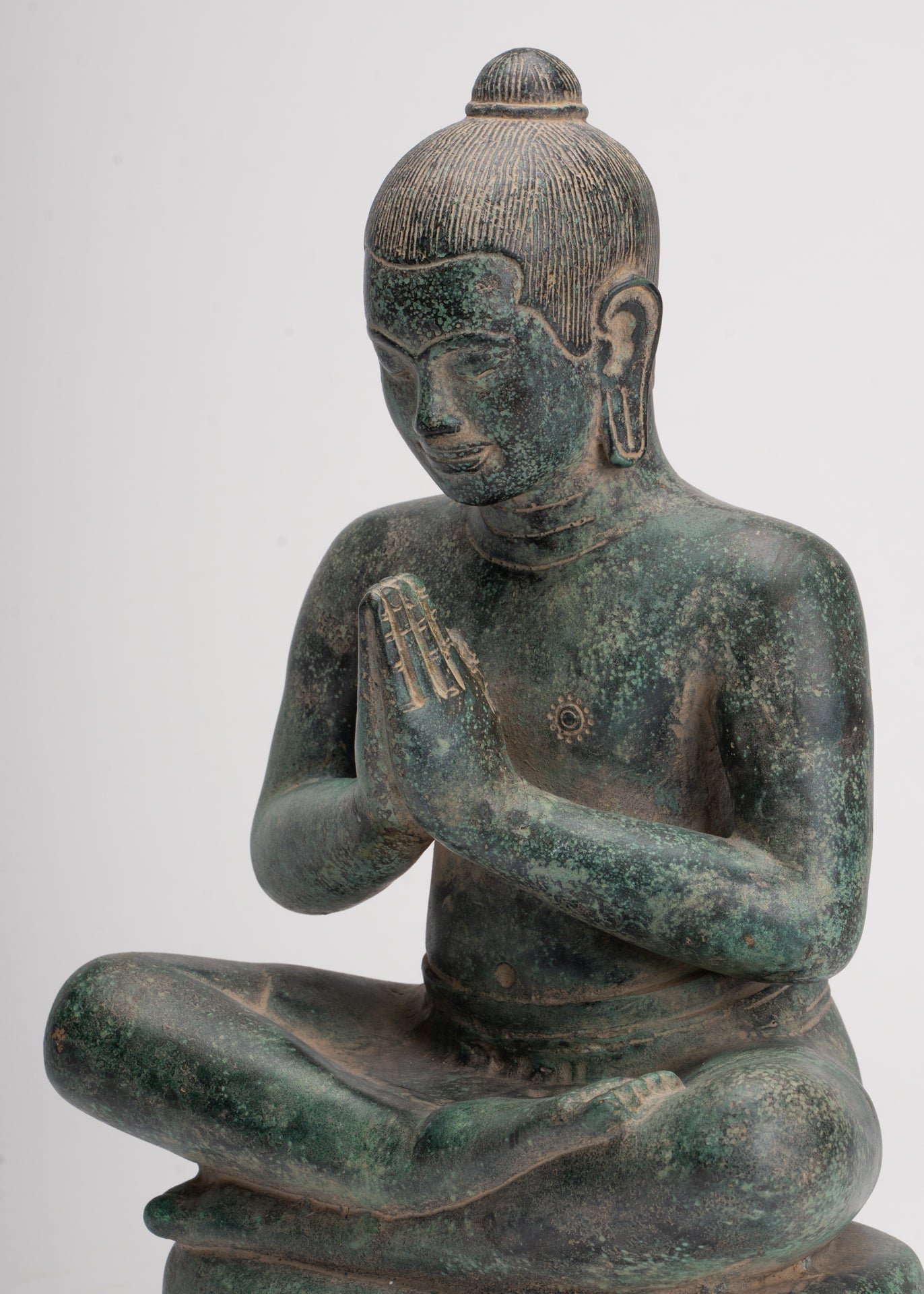 Jayavarman Statue - Antique Khmer Style Seated Bronze Jayavarman VII Statue - 31cm/12"