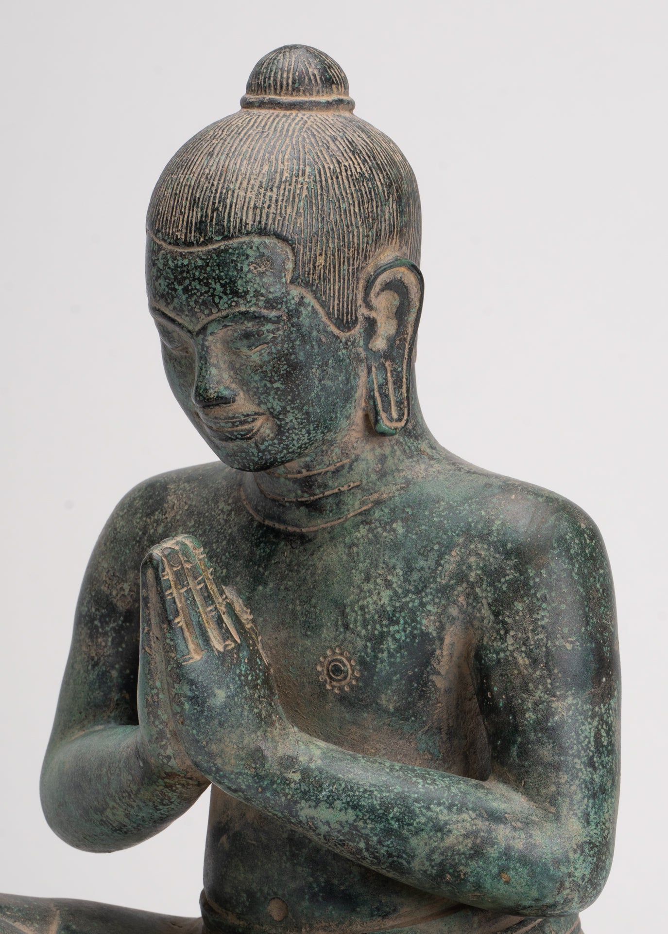 Jayavarman Statue - Antique Khmer Style Seated Bronze Jayavarman VII Statue - 31cm/12"