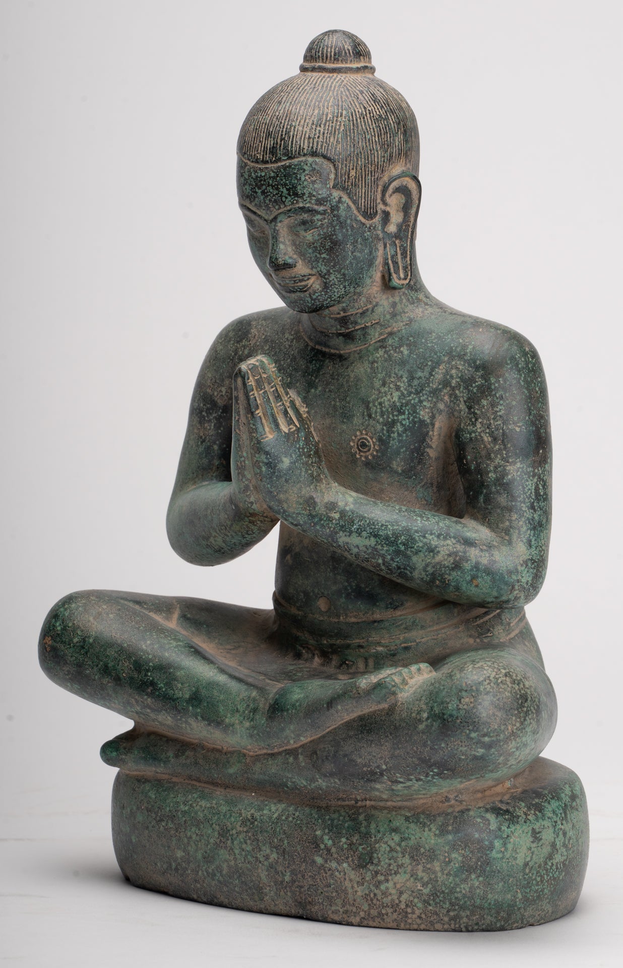 Jayavarman Statue - Antique Khmer Style Seated Bronze Jayavarman VII Statue - 31cm/12"