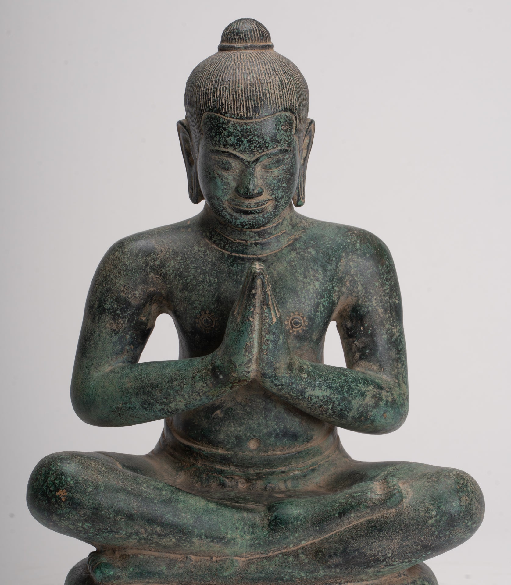 Jayavarman Statue - Antique Khmer Style Seated Bronze Jayavarman VII Statue - 31cm/12"