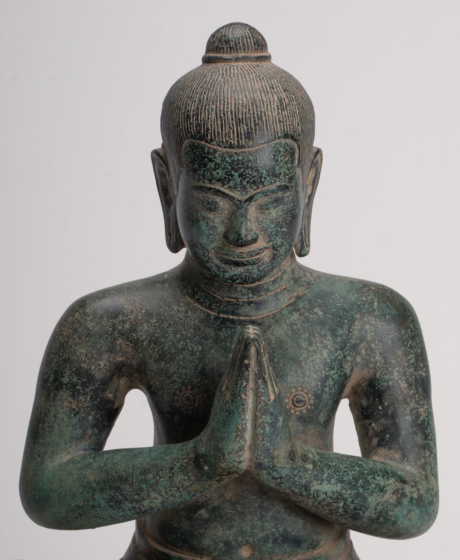 Jayavarman Statue - Antique Khmer Style Seated Bronze Jayavarman VII Statue - 31cm/12"