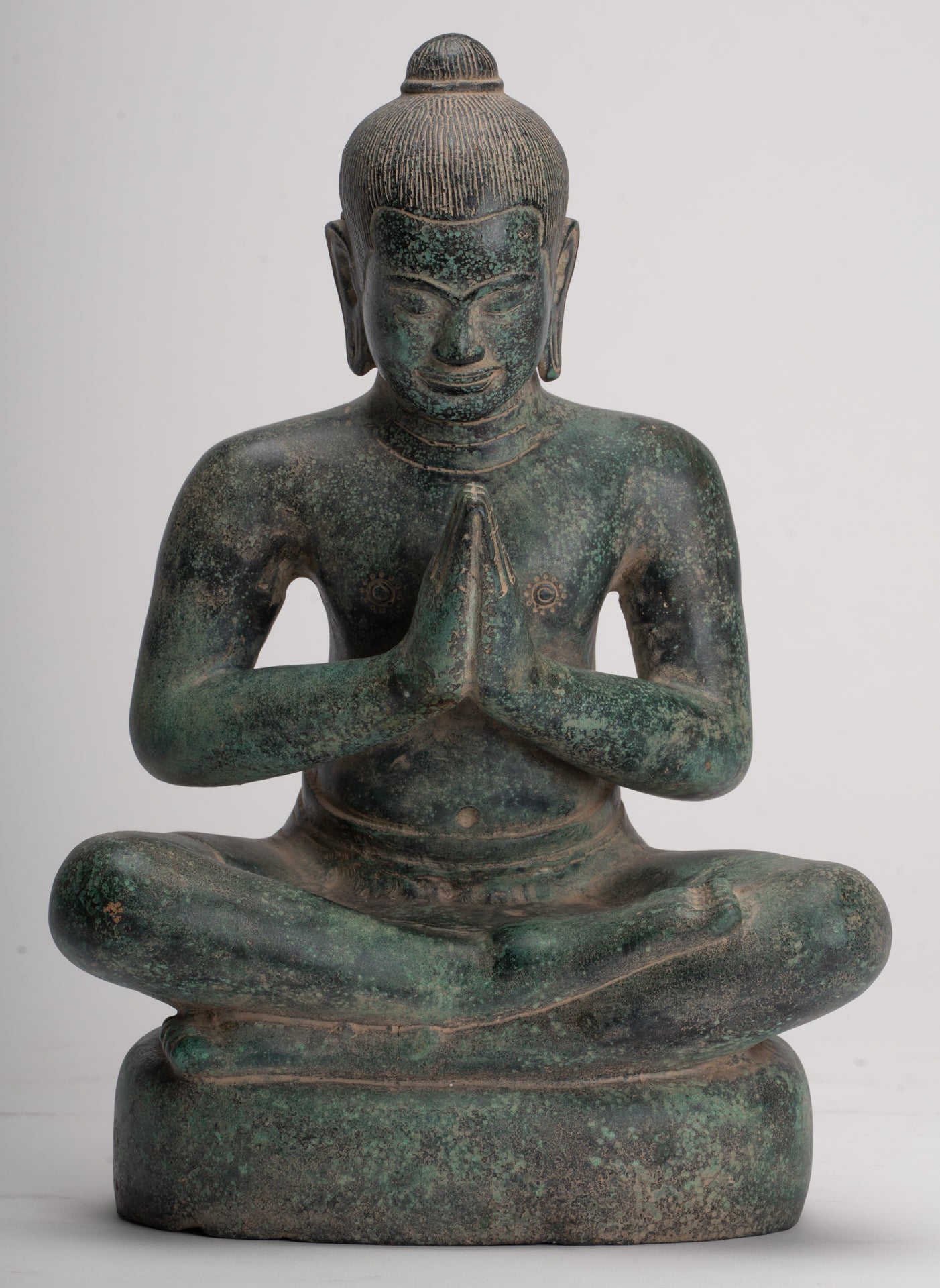 Jayavarman Statue - Antique Khmer Style Seated Bronze Jayavarman VII Statue - 31cm/12"