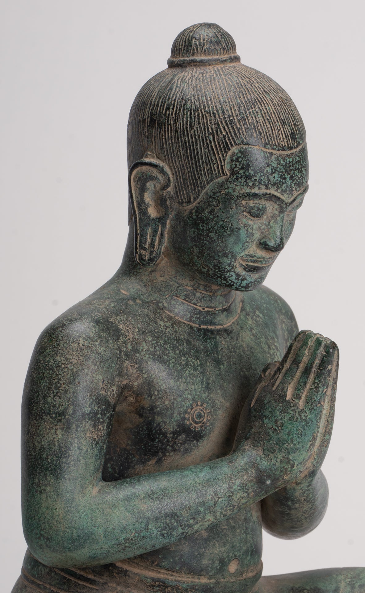 Jayavarman Statue - Antique Khmer Style Seated Bronze Jayavarman VII Statue - 31cm/12"