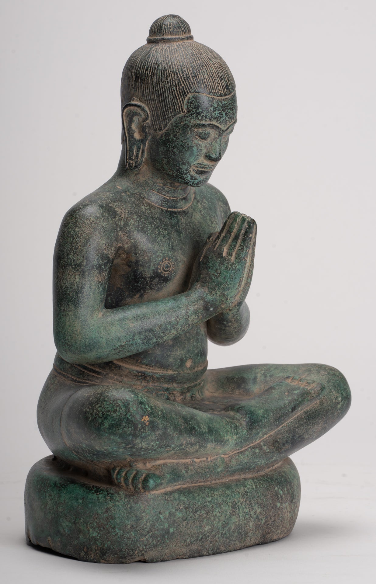 Jayavarman Statue - Antique Khmer Style Seated Bronze Jayavarman VII Statue - 31cm/12"