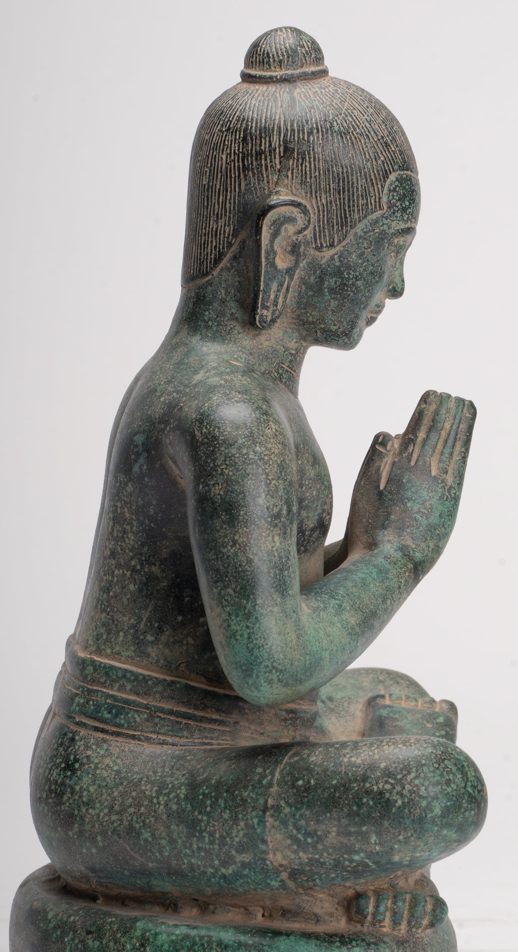 Jayavarman Statue - Antique Khmer Style Seated Bronze Jayavarman VII Statue - 31cm/12"