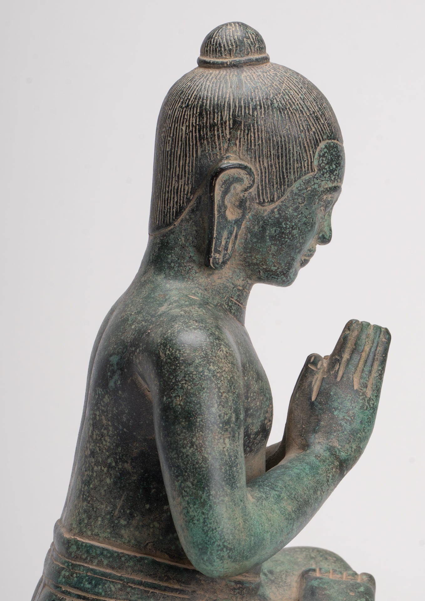 Jayavarman Statue - Antique Khmer Style Seated Bronze Jayavarman VII Statue - 31cm/12"
