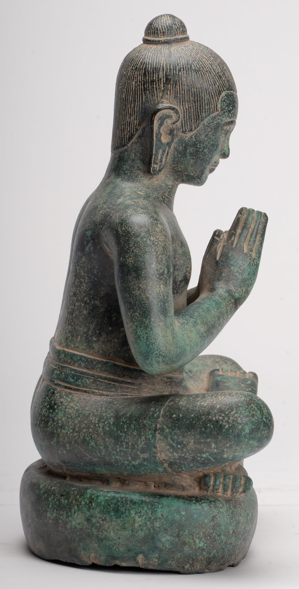 Jayavarman Statue - Antique Khmer Style Seated Bronze Jayavarman VII Statue - 31cm/12"