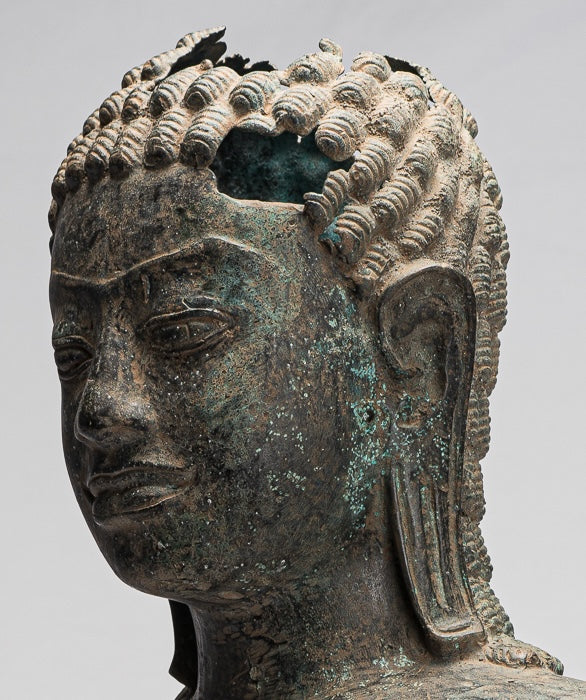 Buddha Statue - Antique Khmer Style Mounted Bronze Phnom Da Buddha Head Statue - 54cm/22")