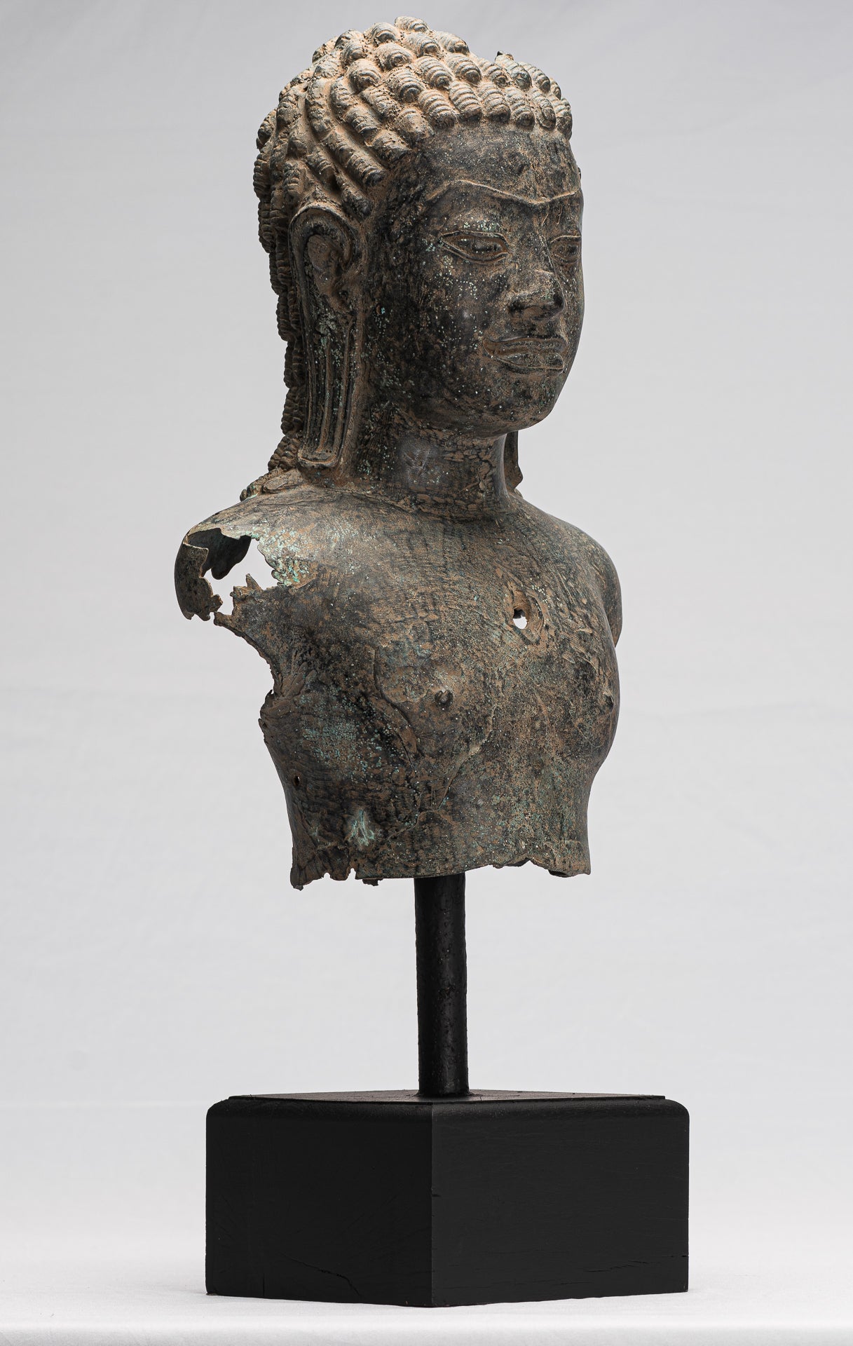 Buddha Statue - Antique Khmer Style Mounted Bronze Phnom Da Buddha Head Statue - 54cm/22")