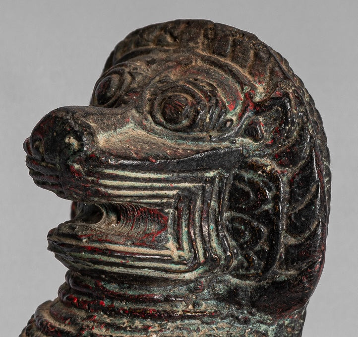 Temple Lion - Antique Khmer Style Bronze Standing Temple Guardian or Lion - 12cm/5"