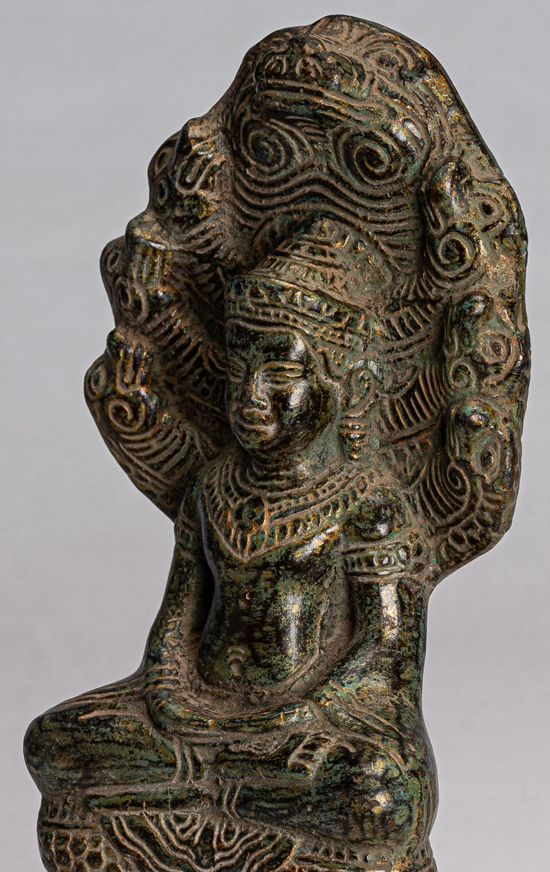 Buddha Statue - Antique Bayon Style Khmer Seated Bronze Naga Meditation Buddha - 21cm/8"