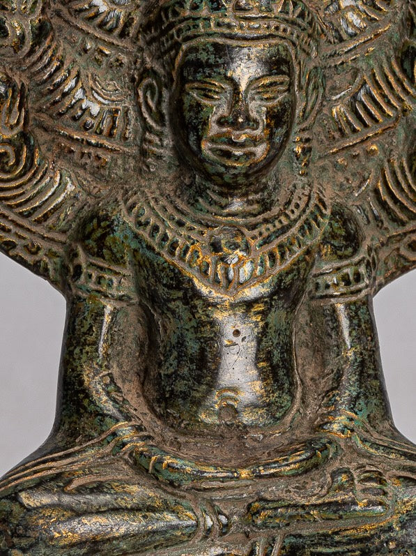 Buddha Statue - Antique Bayon Style Khmer Seated Bronze Naga Meditation Buddha - 21cm/8"