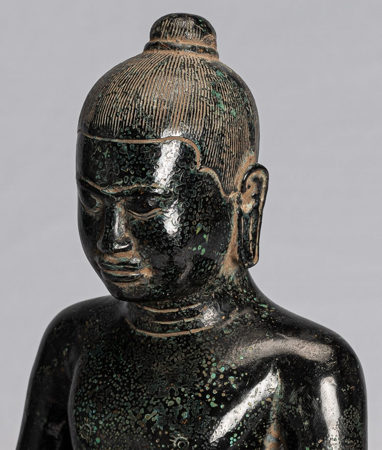 Antique Khmer Style Seated Bronze Meditation Jayavarman VII Statue - 26cm/10"