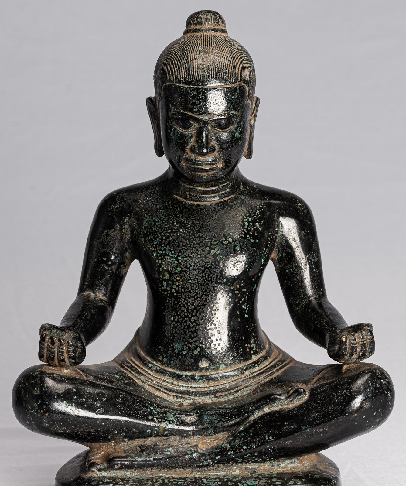 Antique Khmer Style Seated Bronze Meditation Jayavarman VII Statue - 26cm/10"