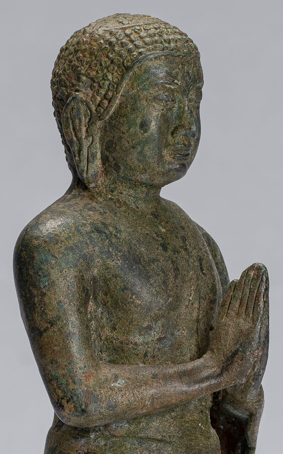 Statua di Buddha - antico stile tailandese bronzo dvaravati devoto o discepolo della statua di Buddha - 21 cm/8 "