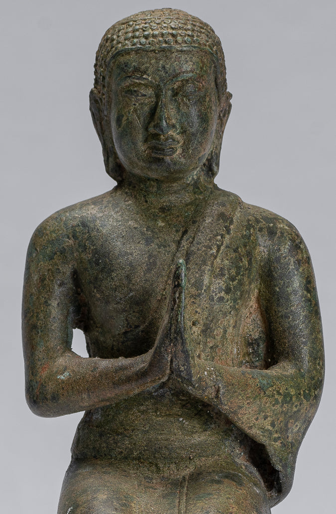 Statua di Buddha - antico stile tailandese bronzo dvaravati devoto o discepolo della statua di Buddha - 21 cm/8 "