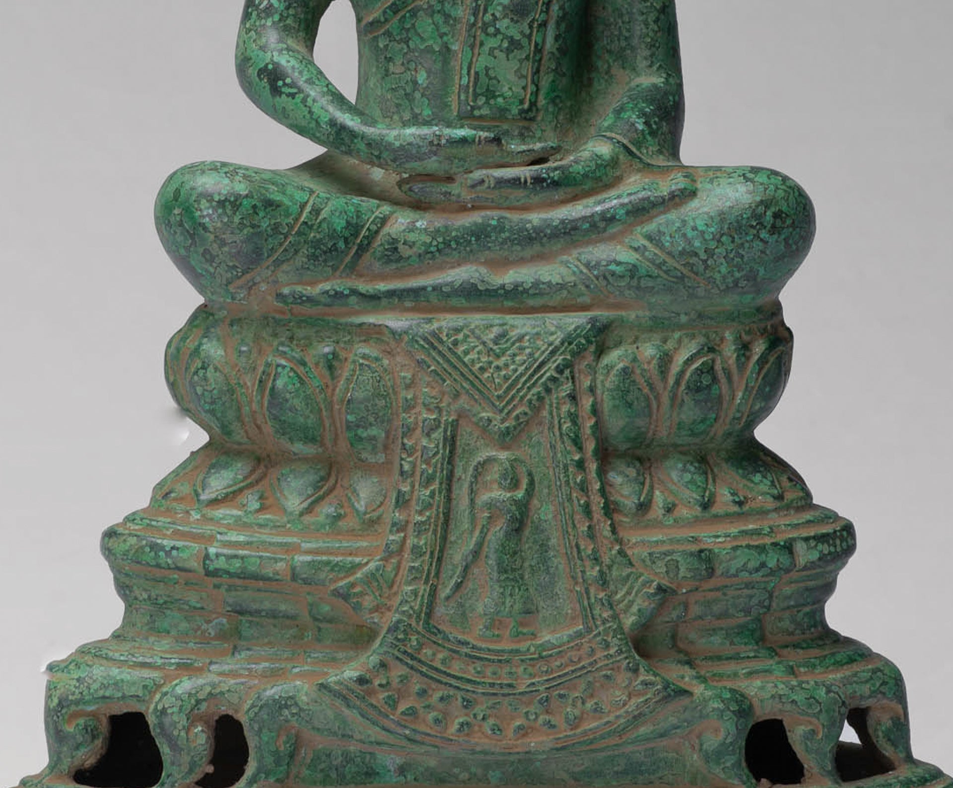 Buddha - Antique Khmer Style Bronze Enthroned Meditation Buddha Statue - 31cm/12"