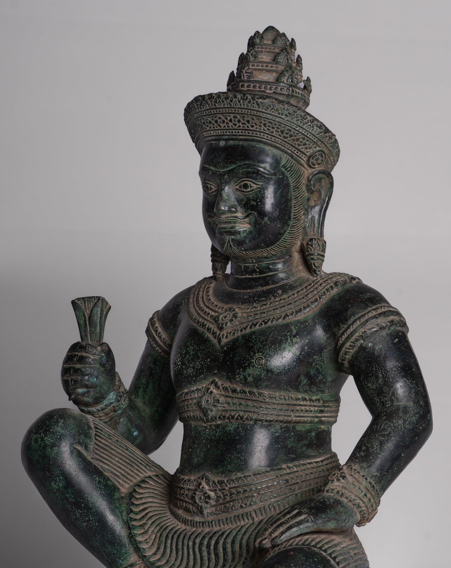 Vishvakarman Statue - Antique Khmer Style Bayon Seated Bronze Vishvakarman Statue - 41cm/16"
