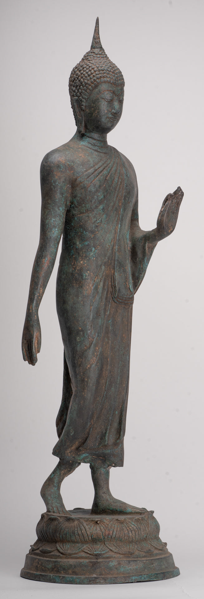 Antique Sukhothai Style Standing Bronze Protection Walking Buddha Statue - 65cm/26"