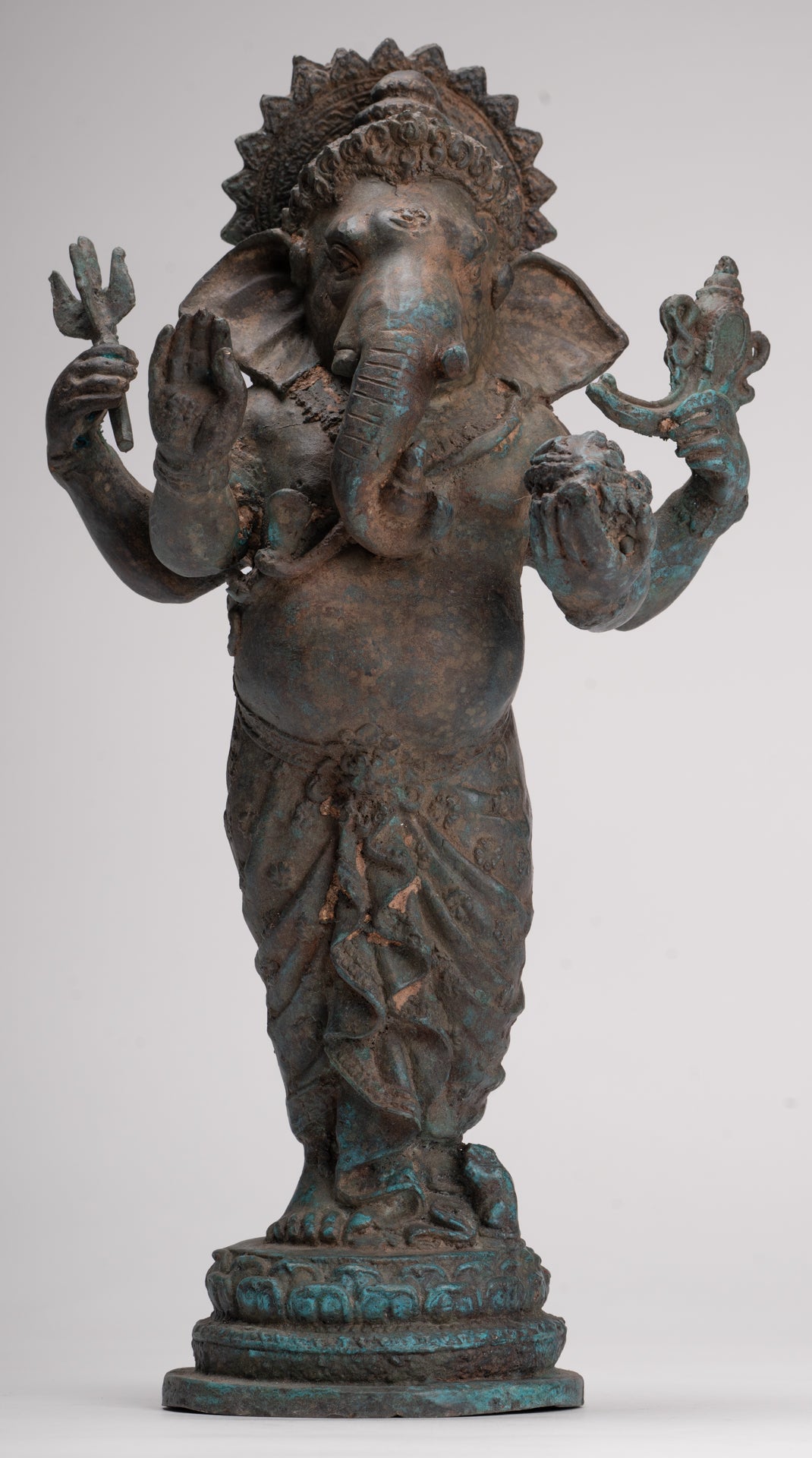 Ganesha Statue - Antique Thai Style Bronze Standing 4-Arm Ganesha Statue - 35cm/14"