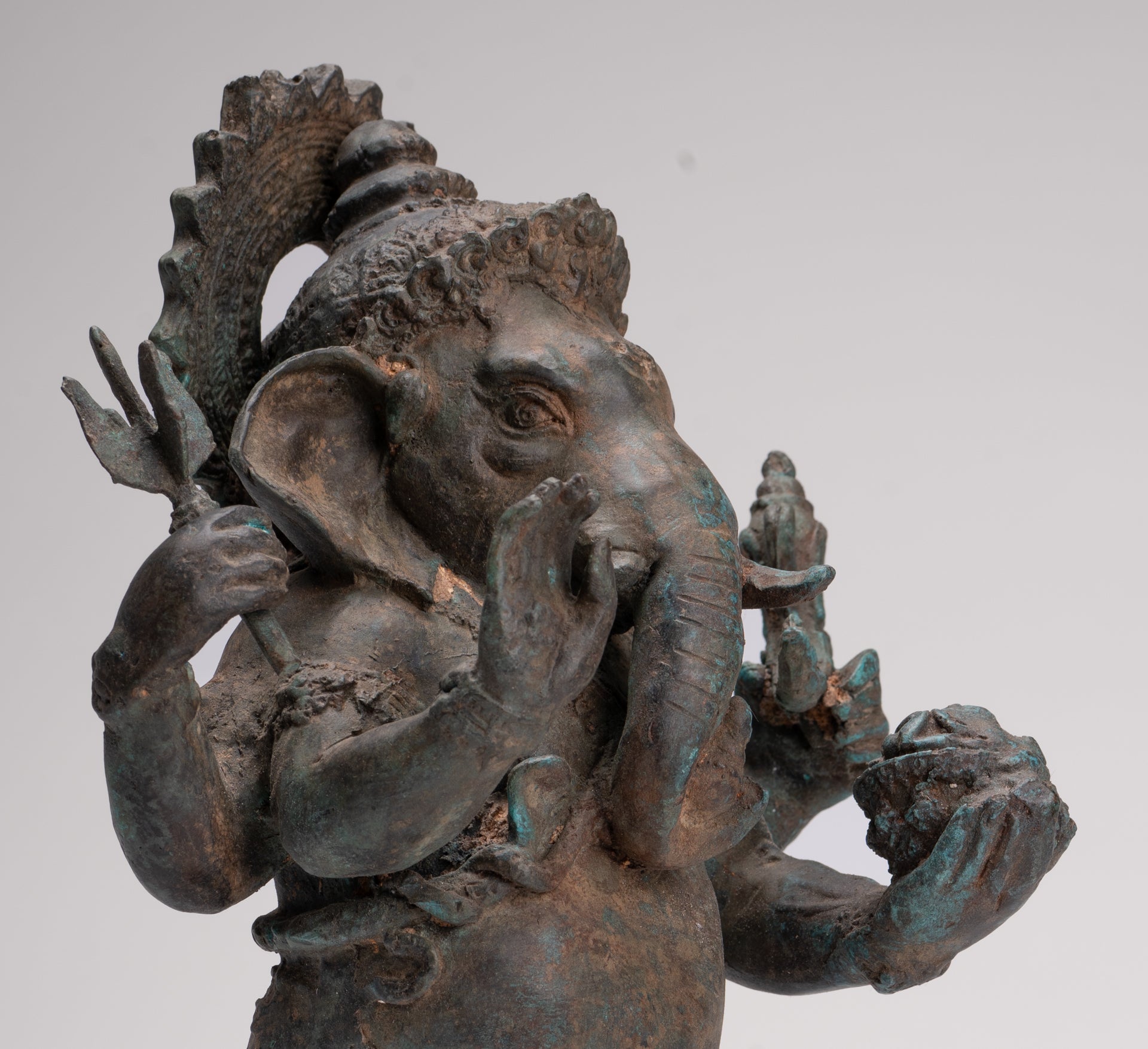 Ganesha Statue - Antique Thai Style Bronze Standing 4-Arm Ganesha Statue - 35cm/14"
