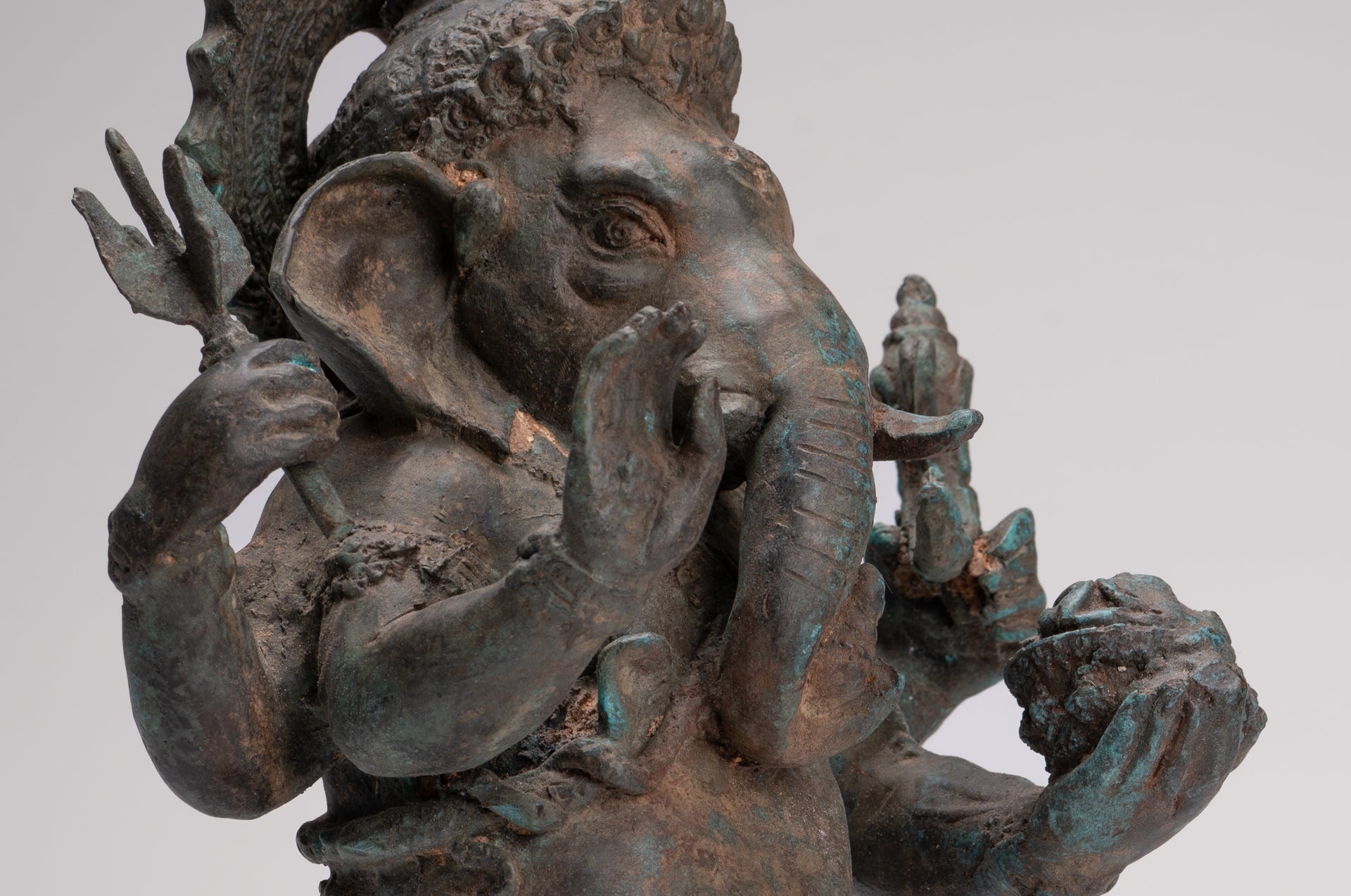 Ganesha Statue - Antique Thai Style Bronze Standing 4-Arm Ganesha Statue - 35cm/14"