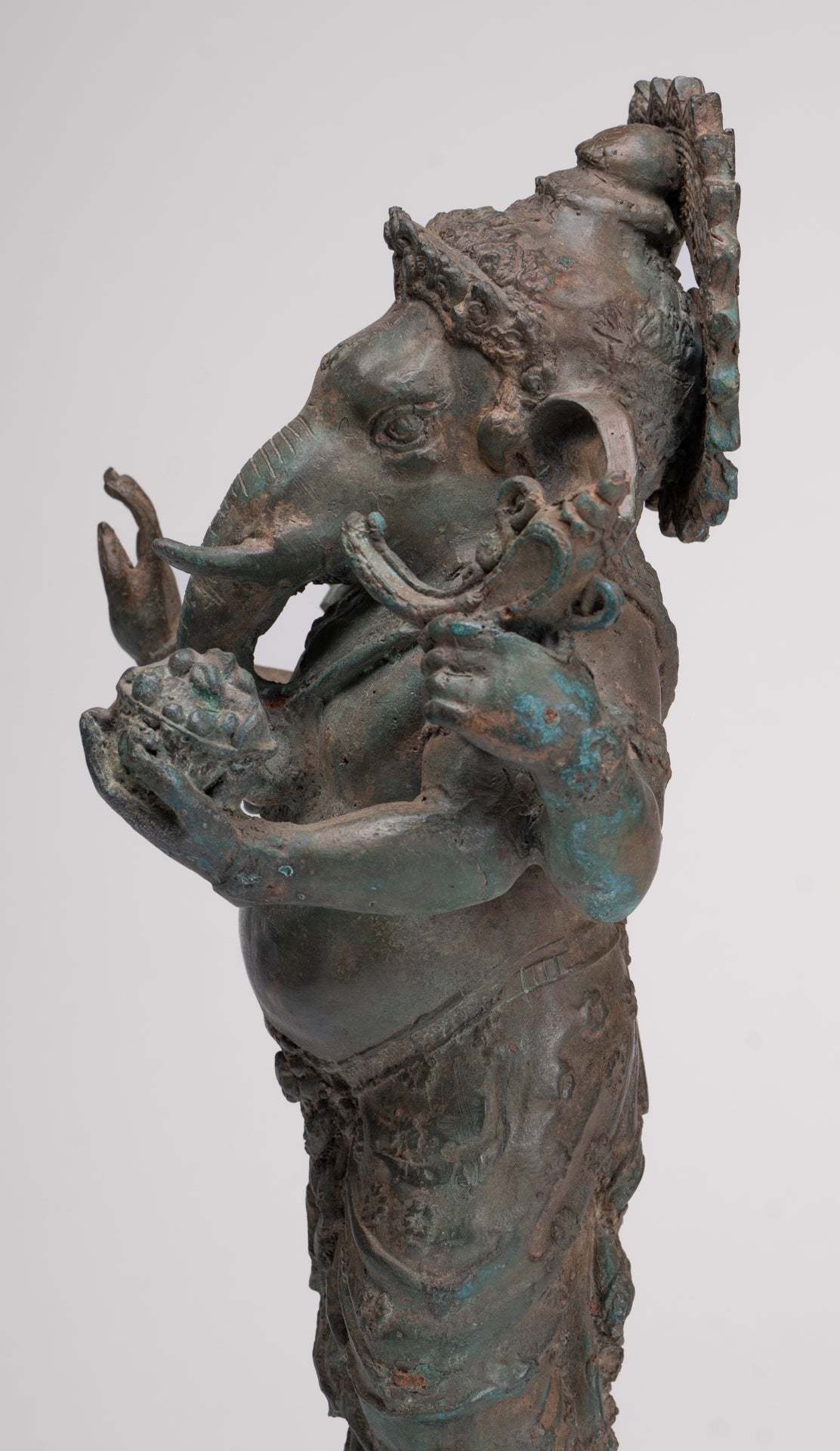 Ganesha Statue - Antique Thai Style Bronze Standing 4-Arm Ganesha Statue - 35cm/14"