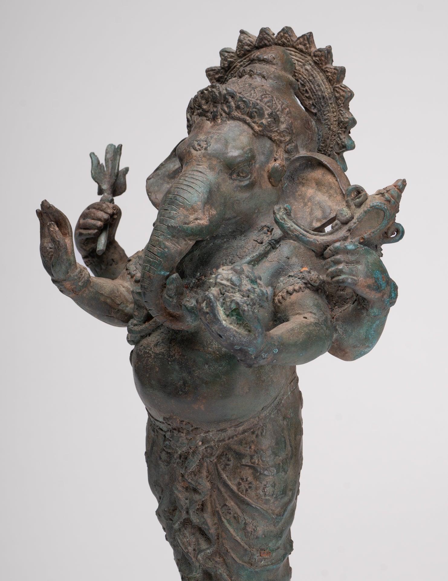 Ganesha Statue - Antique Thai Style Bronze Standing 4-Arm Ganesha Statue - 35cm/14"