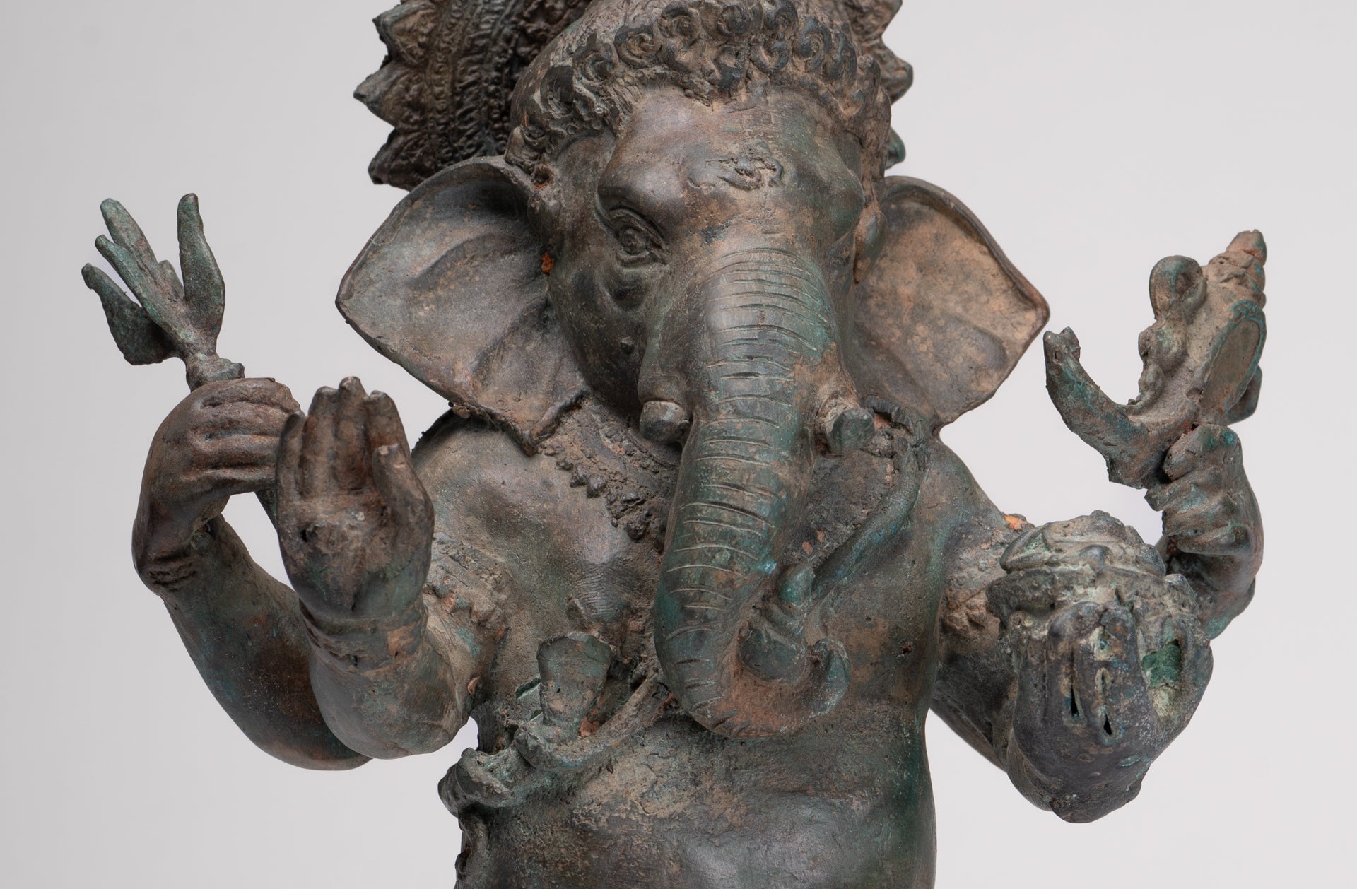 Ganesha Statue - Antique Thai Style Bronze Standing 4-Arm Ganesha Statue - 35cm/14"