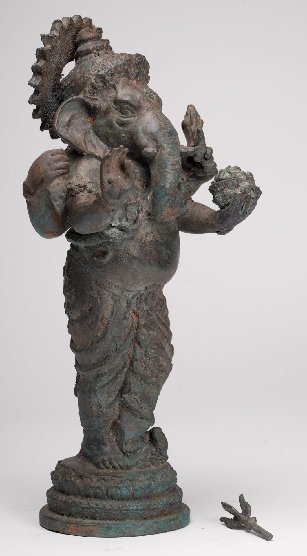 Ganesha Statue - Antique Thai Style Bronze Standing 4-Arm Ganesha Statue - 35cm/14"