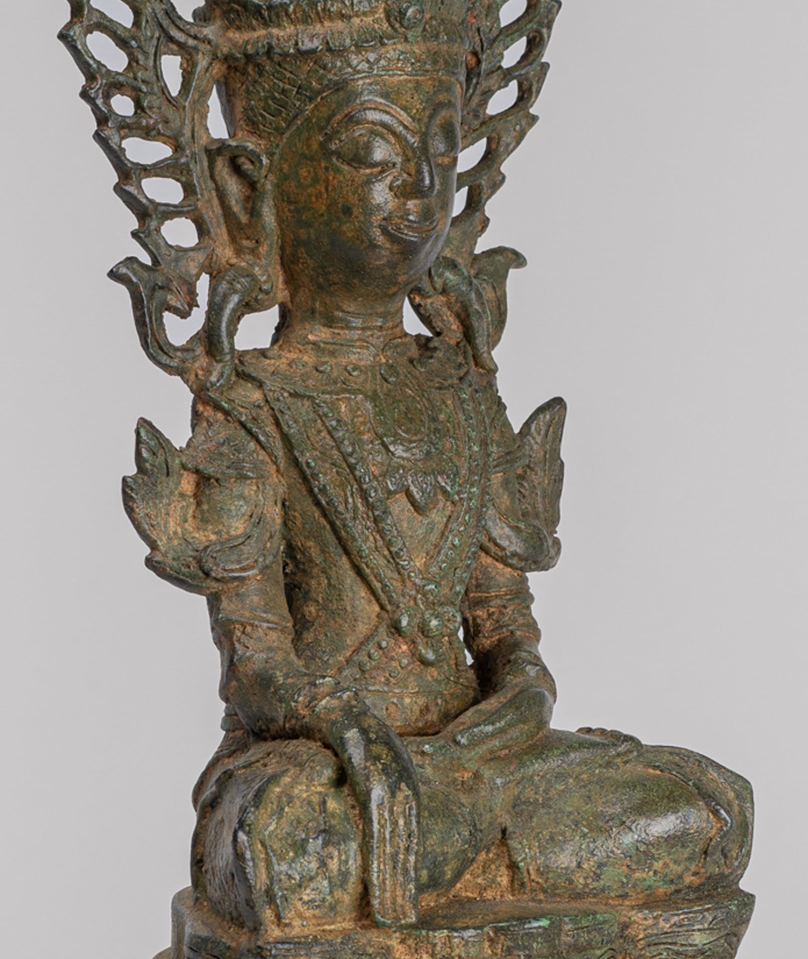 Buddha Statue - Antique Burmese Style Bronze Shan Enlightenment Seated Buddha Statue - 35cm/14"