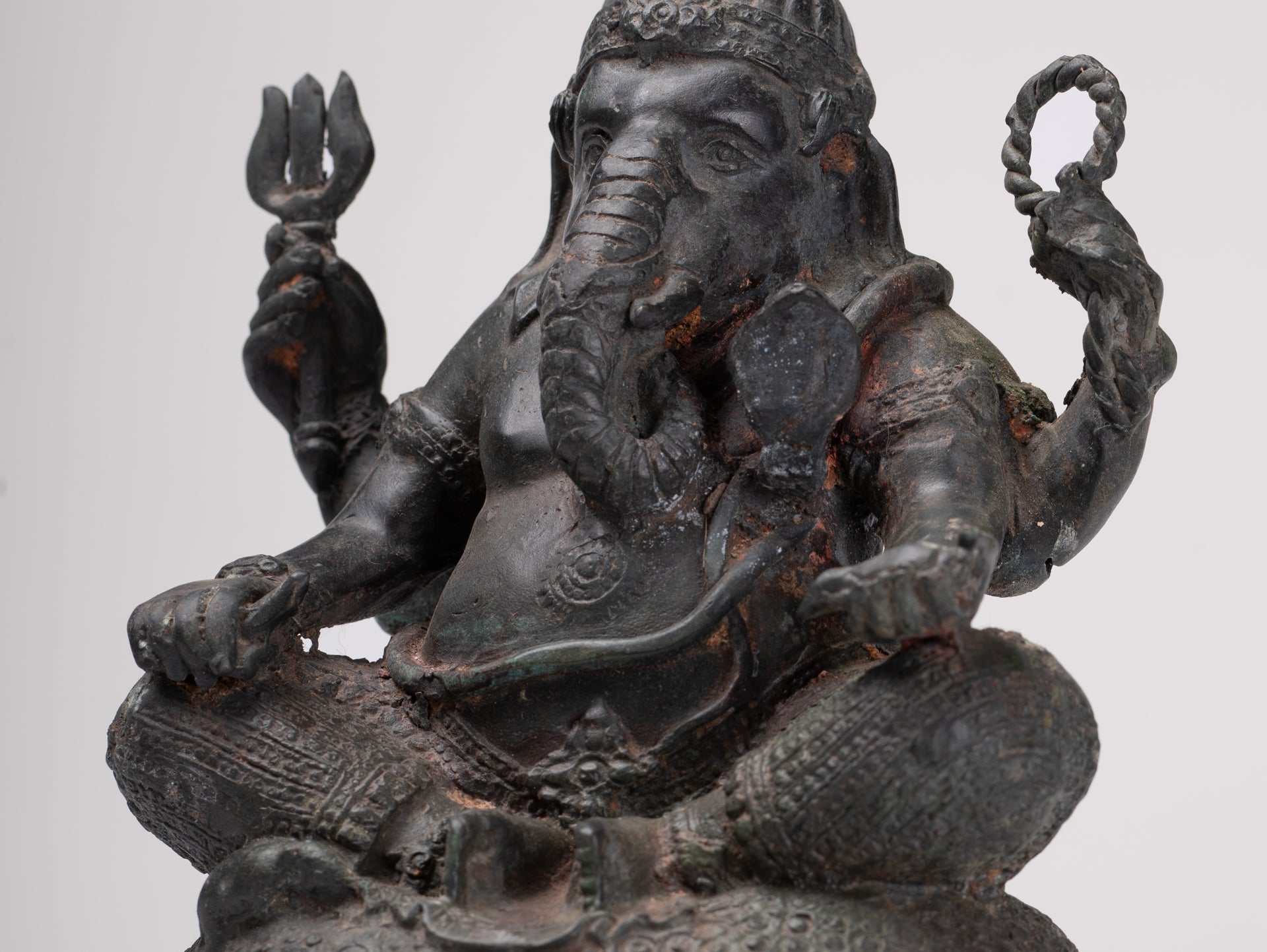 Ganesha Statue - Antique Thai Style Bronze Seated 4-Arm Ganesha Statue - 21cm/8"