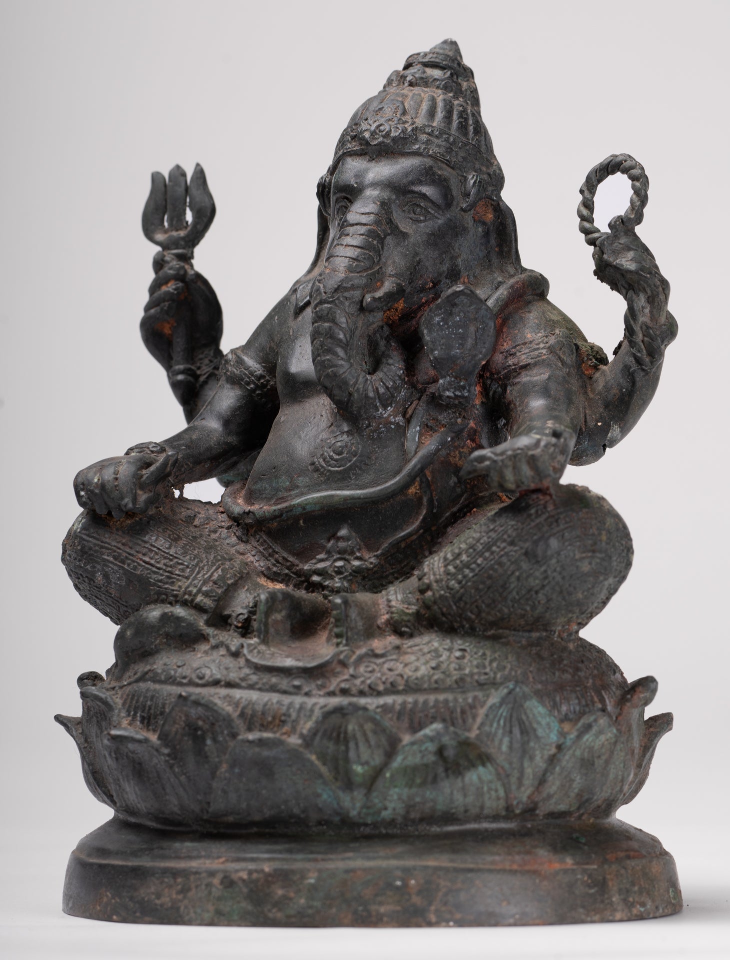 Ganesha Statue - Antique Thai Style Bronze Seated 4-Arm Ganesha Statue - 21cm/8"