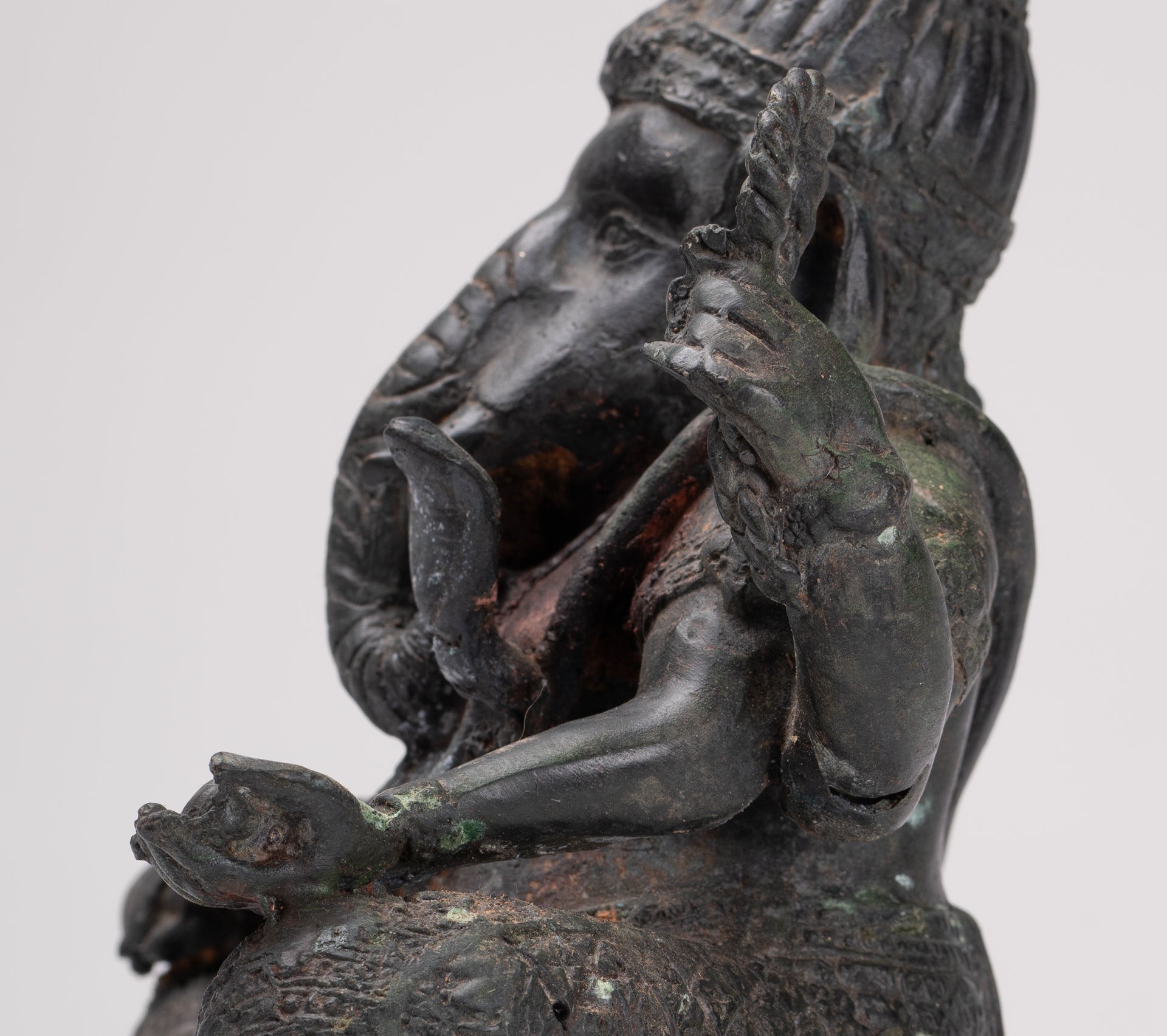 Ganesha Statue - Antique Thai Style Bronze Seated 4-Arm Ganesha Statue - 21cm/8"