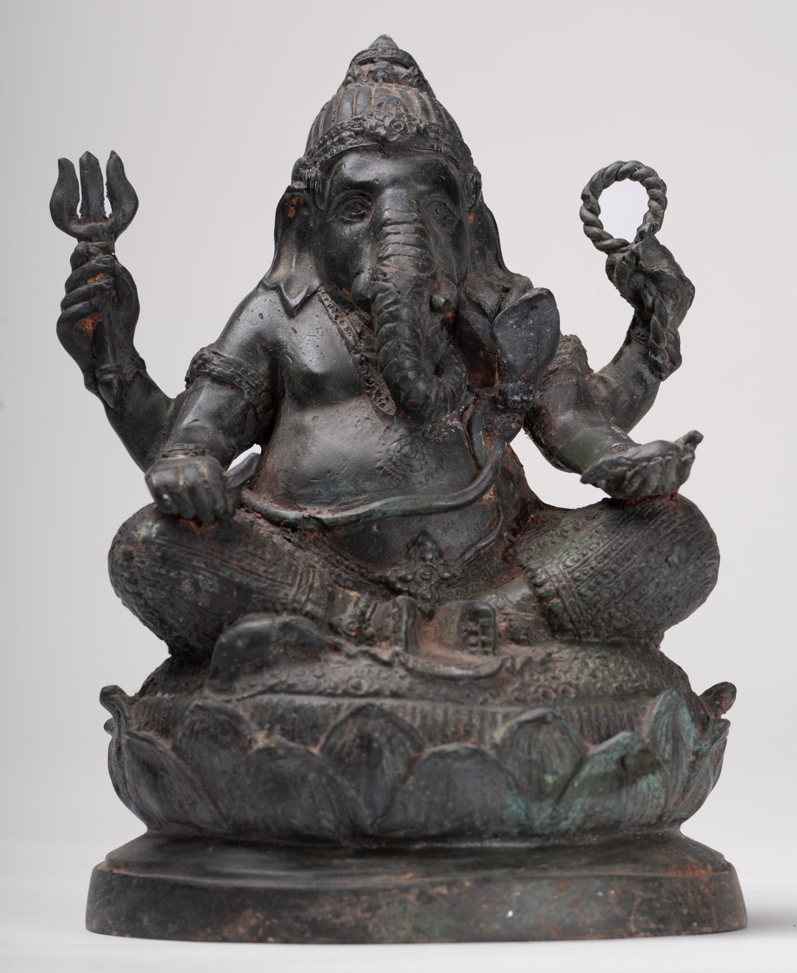Ganesha Statue - Antique Thai Style Bronze Seated 4-Arm Ganesha Statue - 21cm/8"