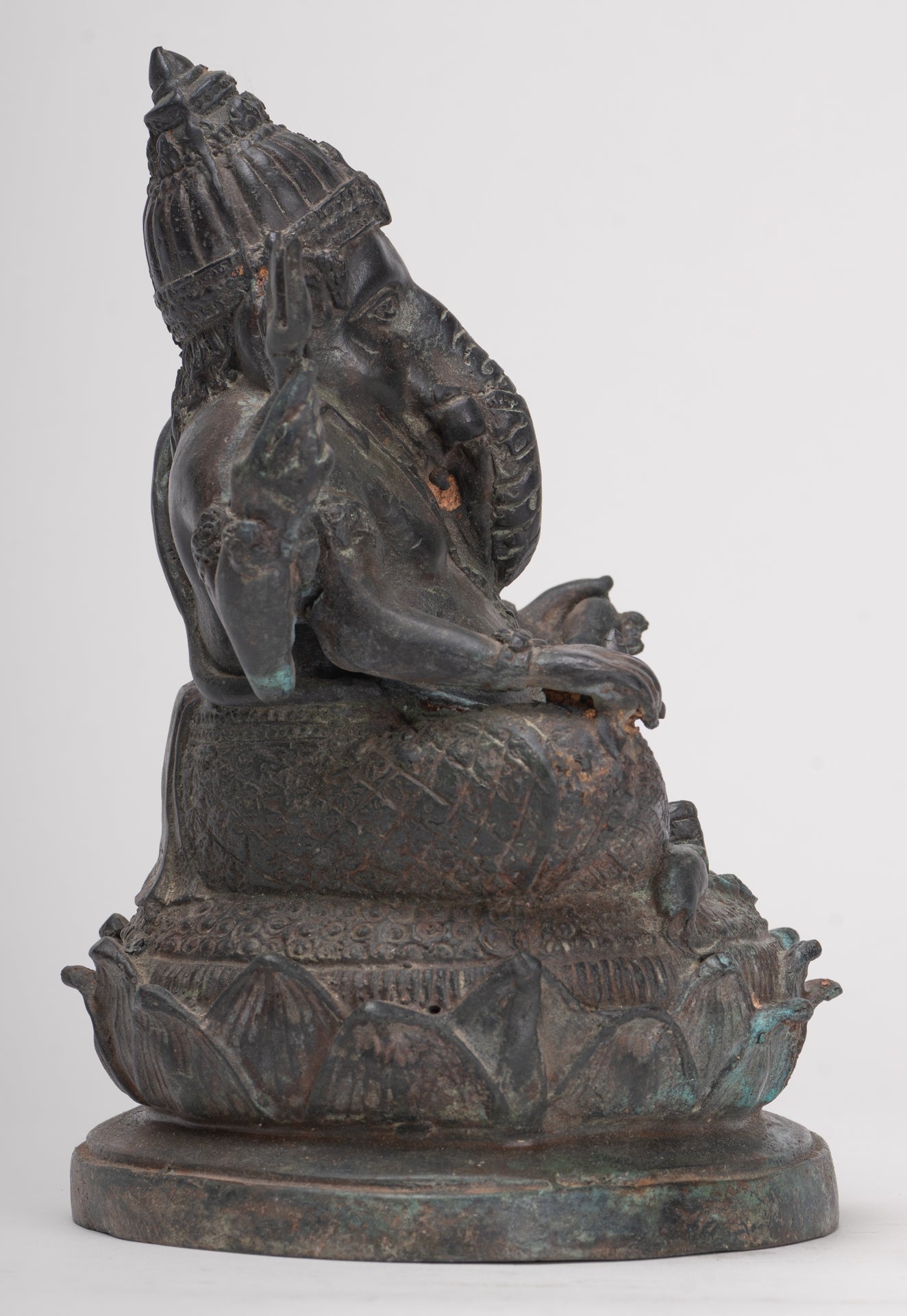 Ganesha Statue - Antique Thai Style Bronze Seated 4-Arm Ganesha Statue - 20cm/8"